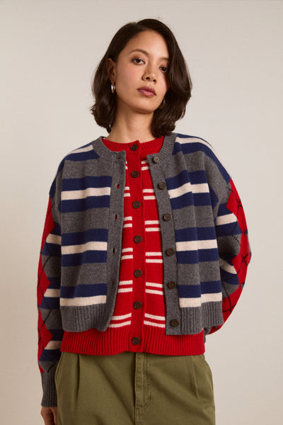 didi merino wool double cardigan - navy argyle & stripe