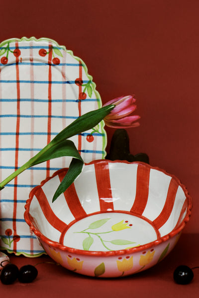 hand painted frilly large bowl - bold red stripe