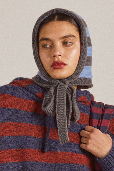 tie neck bonnet in grey & blue stripe