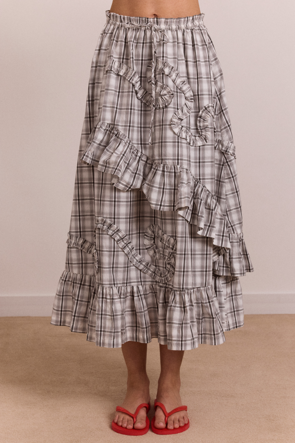 Catie Ruffle Midi Skirt - Greyscale Check – Damson Madder