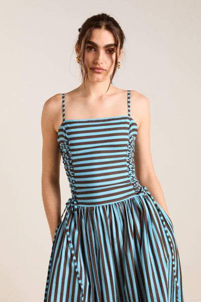 angelina midi dress - blue/choc stripe