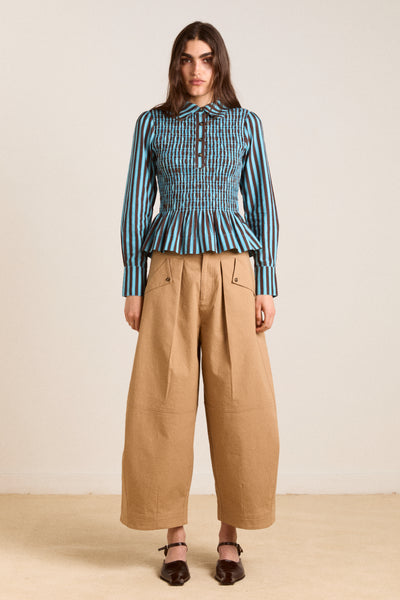 hazel shirt - blue/choc stripe