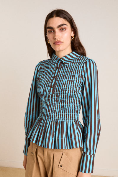 hazel shirt - blue/choc stripe