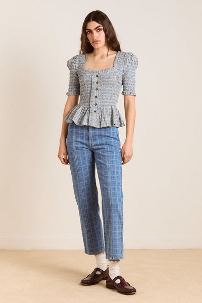 mansi shirred blouse - cloudy check