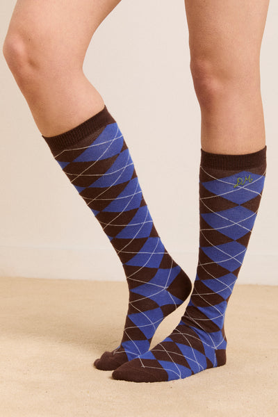 knee length socks - brown/cobalt argyle