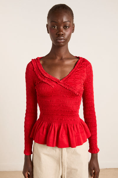 suri shirred cotton satin blouse - red