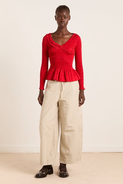 suri shirred cotton satin blouse - red