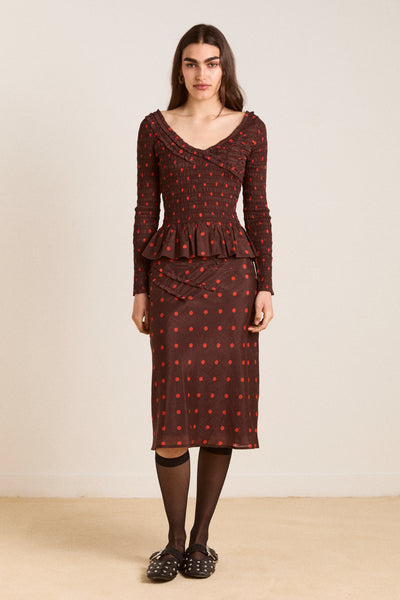 suri shirred sheer blouse - burgundy spot