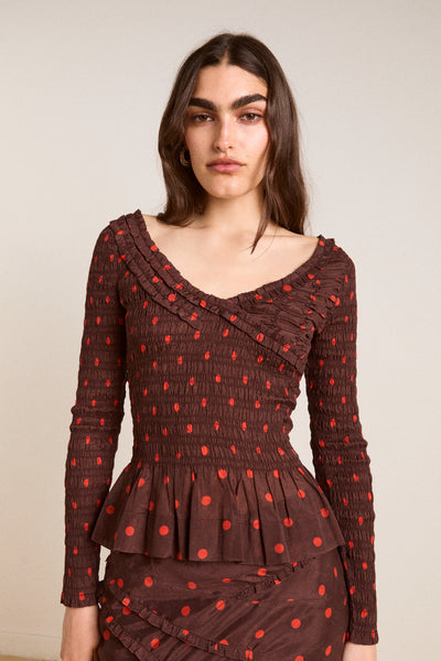 suri shirred sheer blouse - burgundy spot