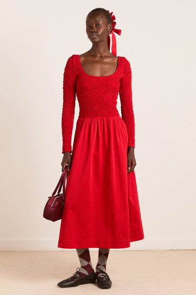 malinda ls smocked midi dress- red