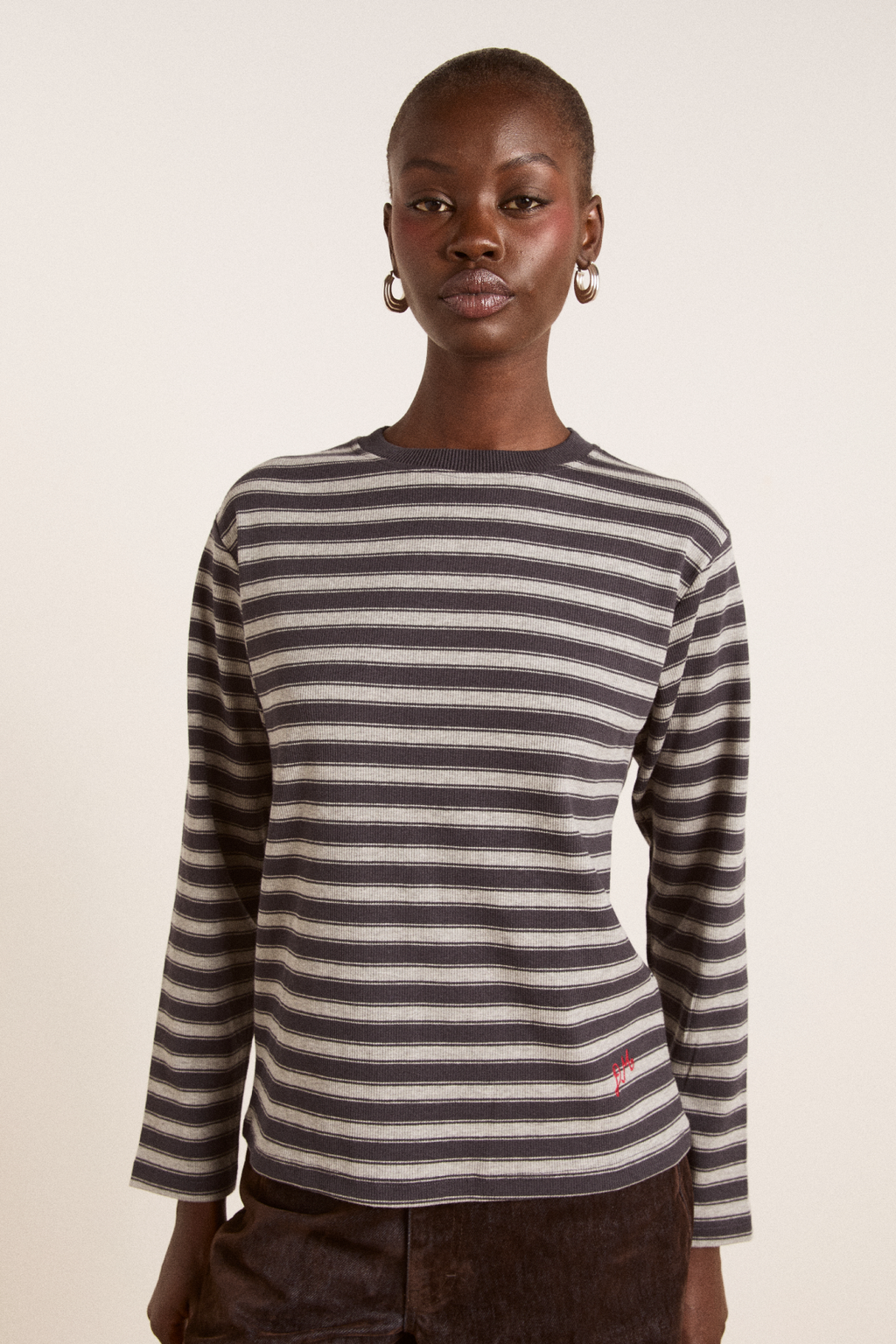 lilah fitted ls tee - grey marl stripe