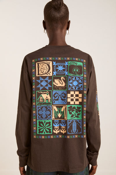 patchwork quilt ls tee - coffee bean