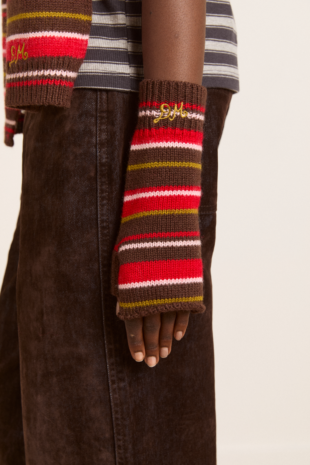 fingerless mittens - choc multi stripe