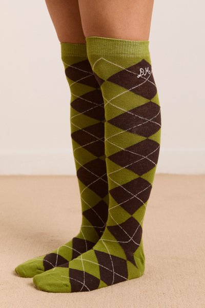 knee length argyle socks - olive/burg