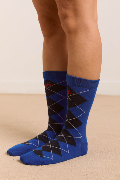 calf length argyle socks cobalt/grey