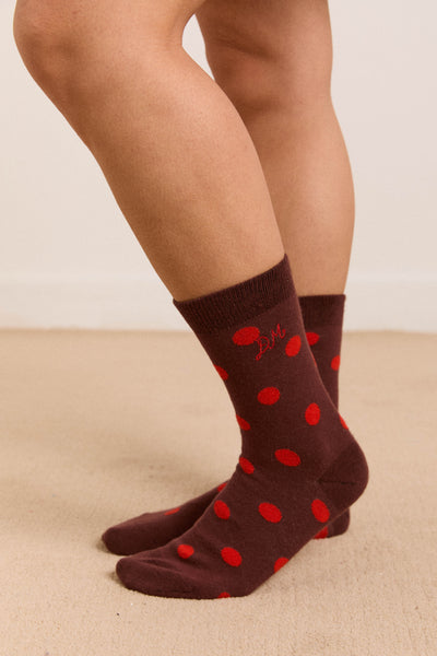 calf length socks in burg & red polka dot