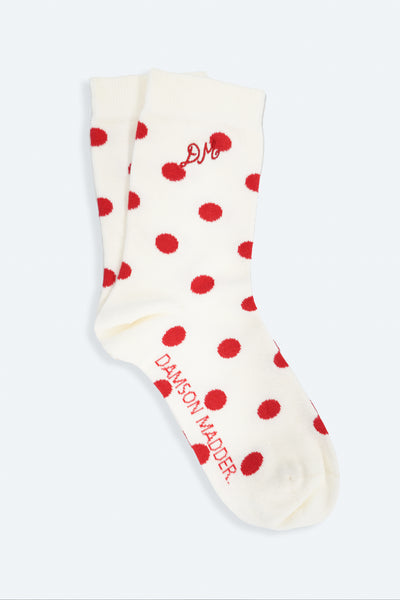 calf length socks in white & red polka dot