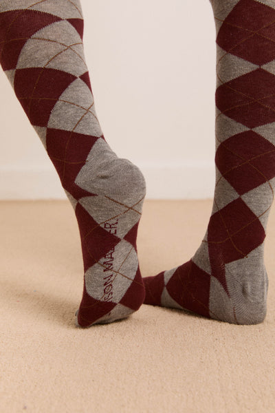 knee length argyle socks- grey and choc