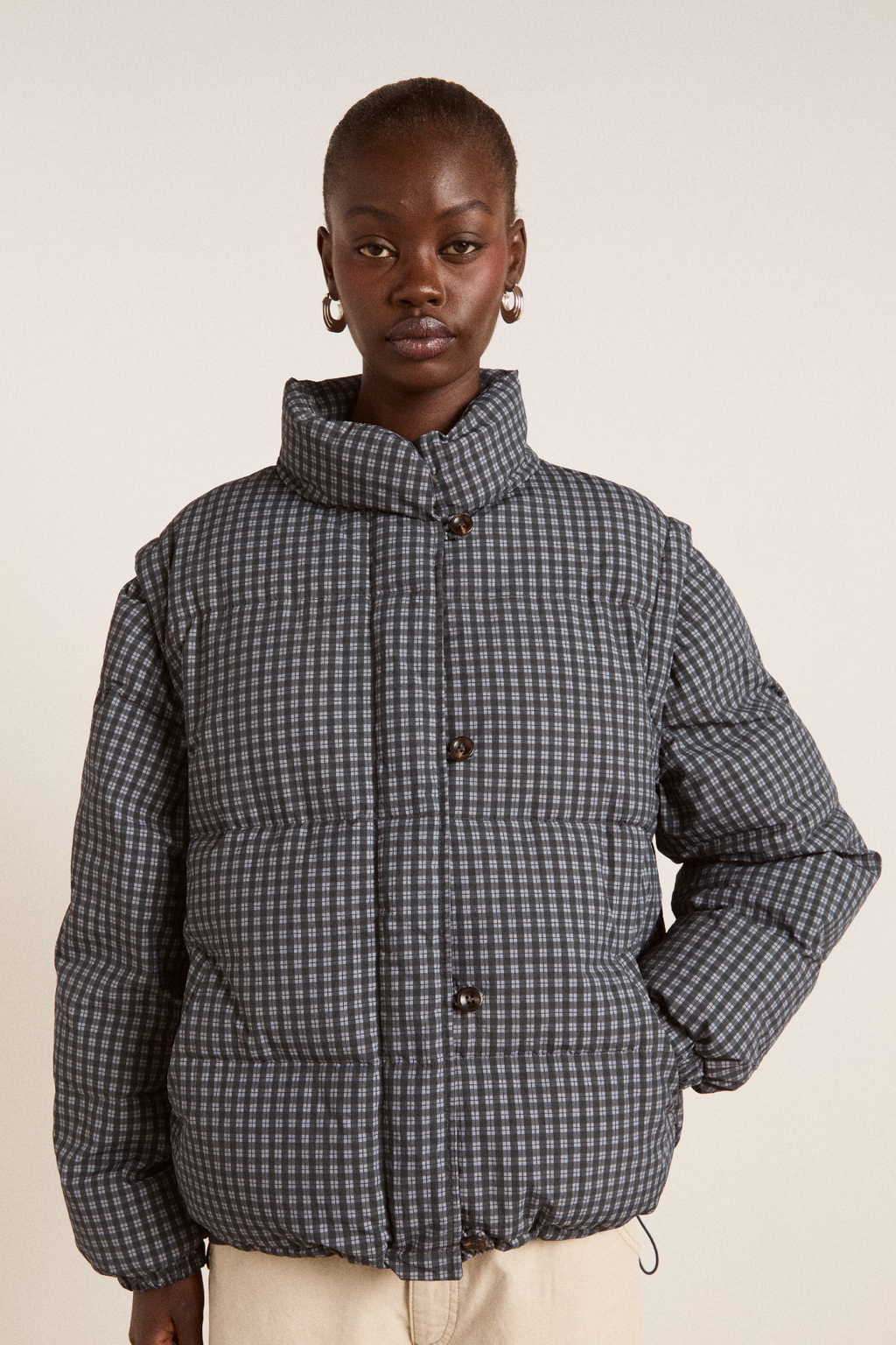 pearl check puffer - navy gingham