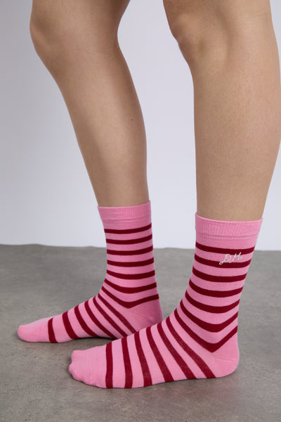 calf length socks in pink and red stripe