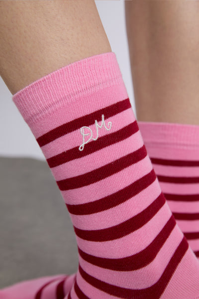 calf length socks in pink and red stripe