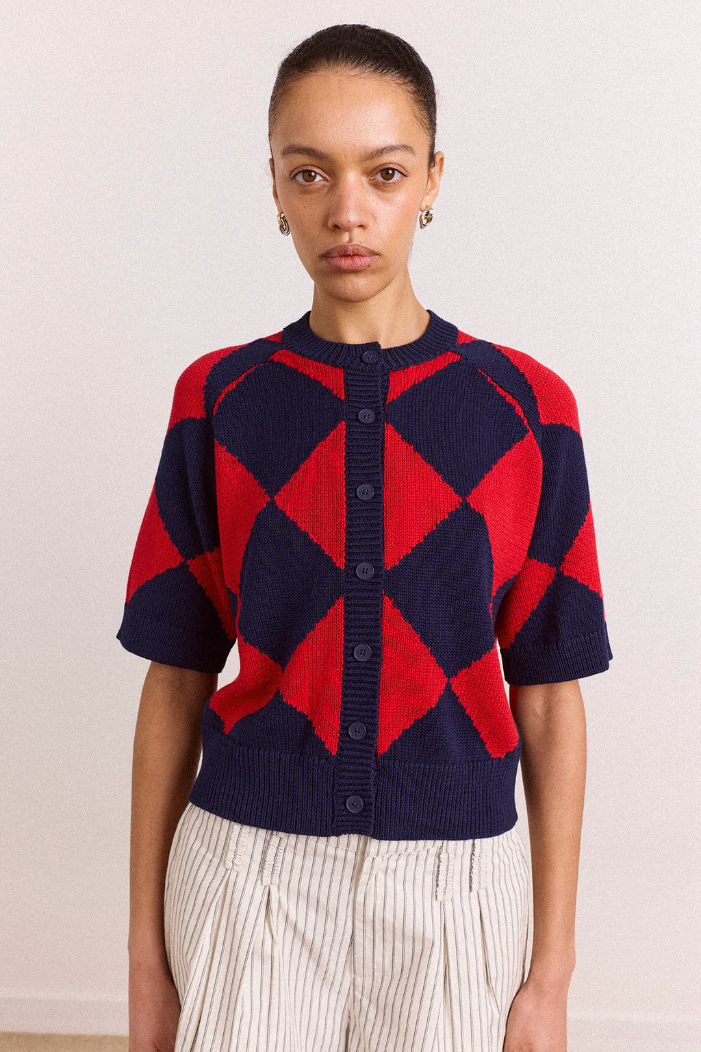 Edie Cotton Harlequin Cardigan - Red & Navy – Damson Madder