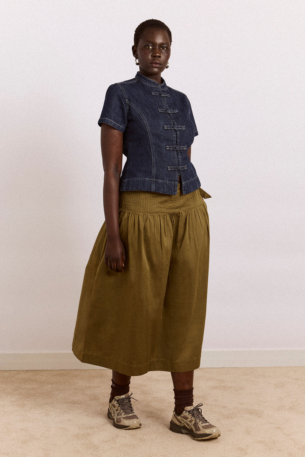 Josie Midi Skirt - Olive Cotton Satin – Damson Madder