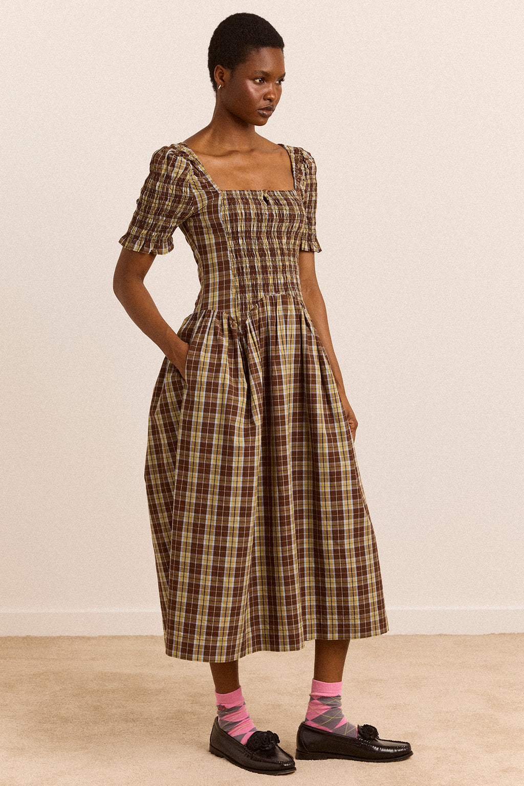 Molly Midi Dress - Cocoa Check – Damson Madder