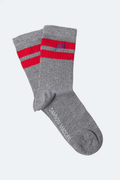 sporty calf socks in grey marl with red stripe