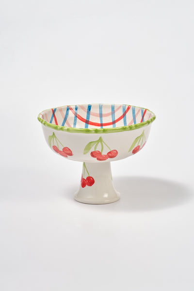 hand painted frilly pedestal bowl - check