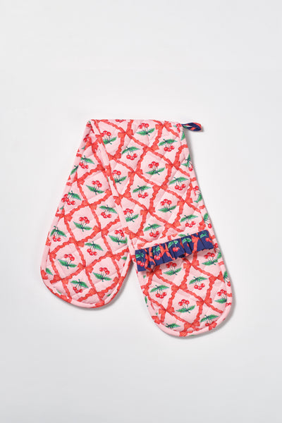 double oven mitt - pink cherry