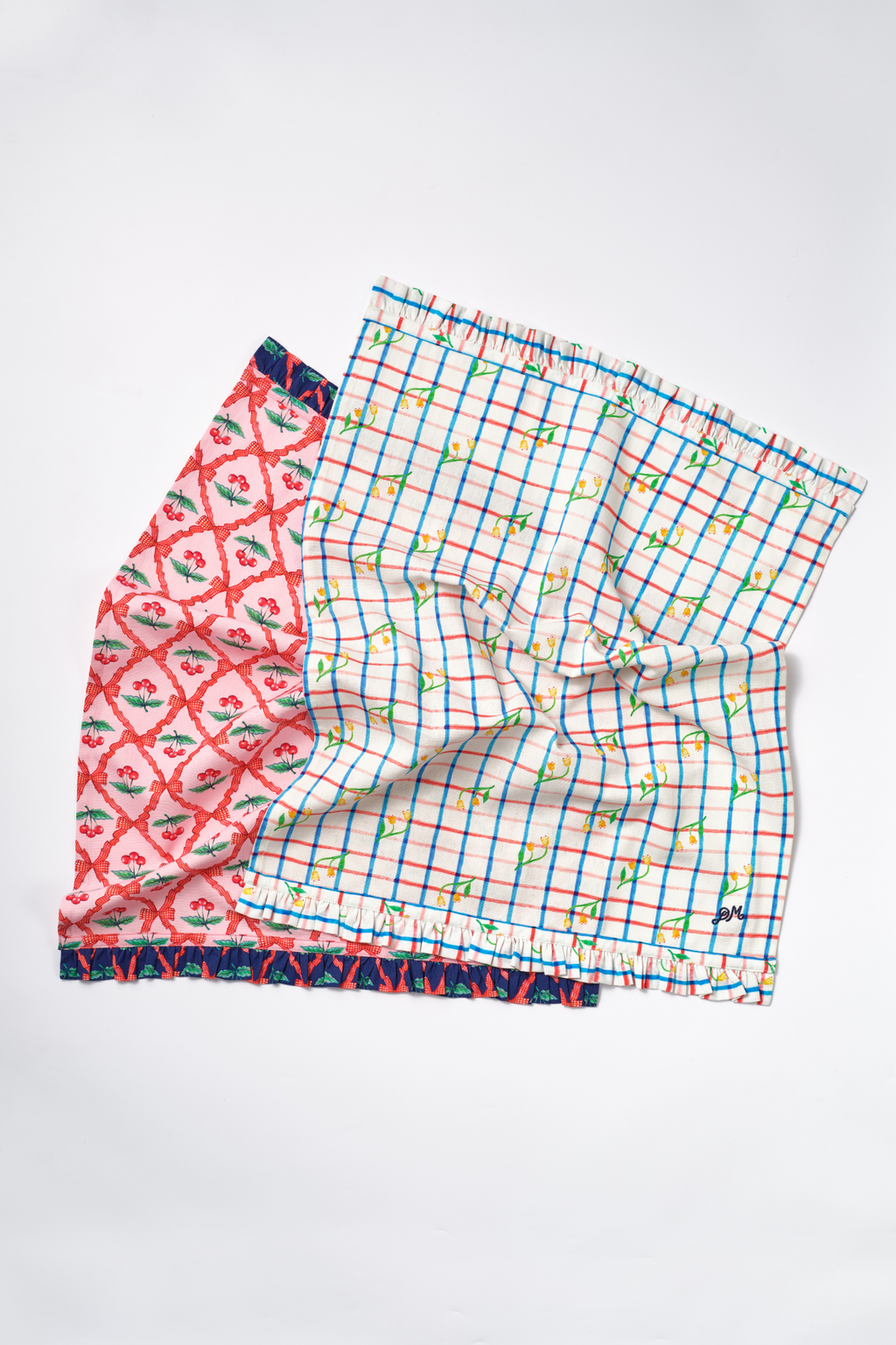 set of 2 tea towel - tulip check/ pink cherry