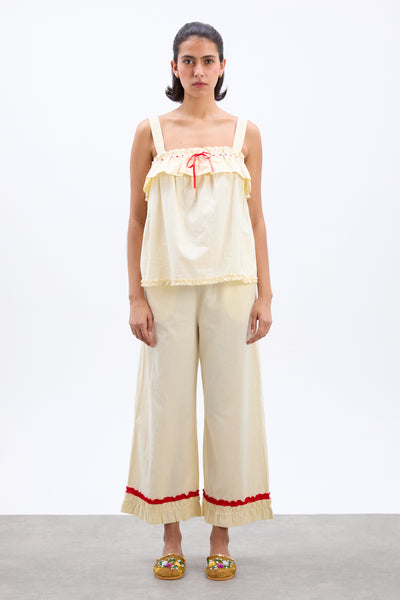tula frilly hem trouser - butter/red