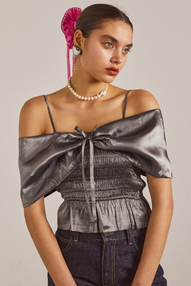 elsa shirred bardot cami - grey glass satin – Damson Madder