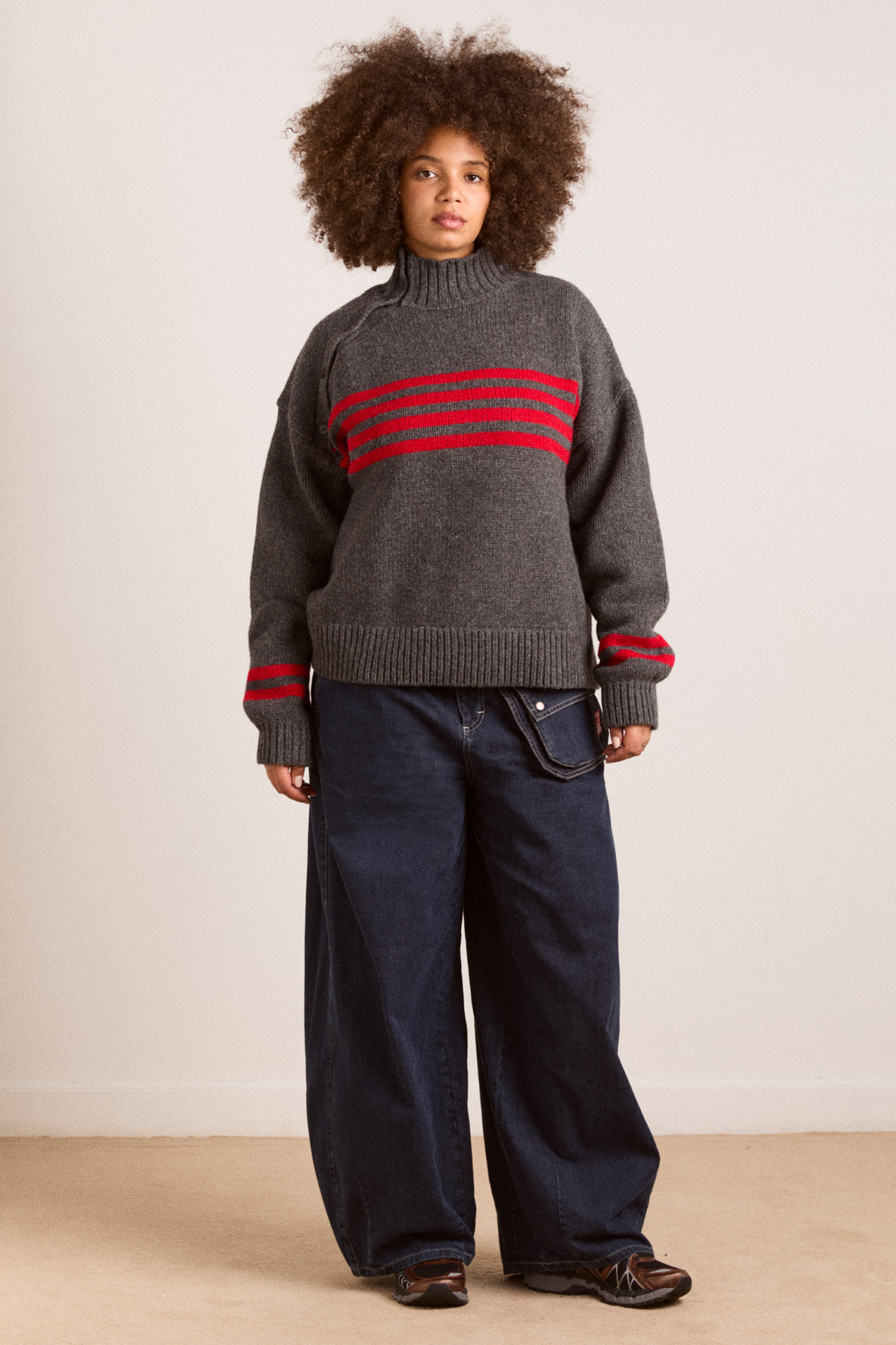 tallulah high neck lambswool jumper - charcoal/red – Damson Madder