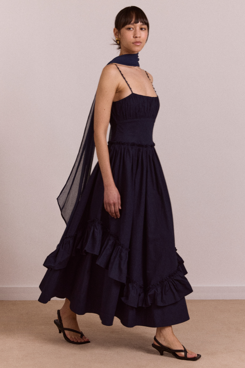 Juno Midi Dress With Sheer Scarf- Navy Damson Madder Juno Midi Dress With Sheer Scarf- Navy Damson Madder