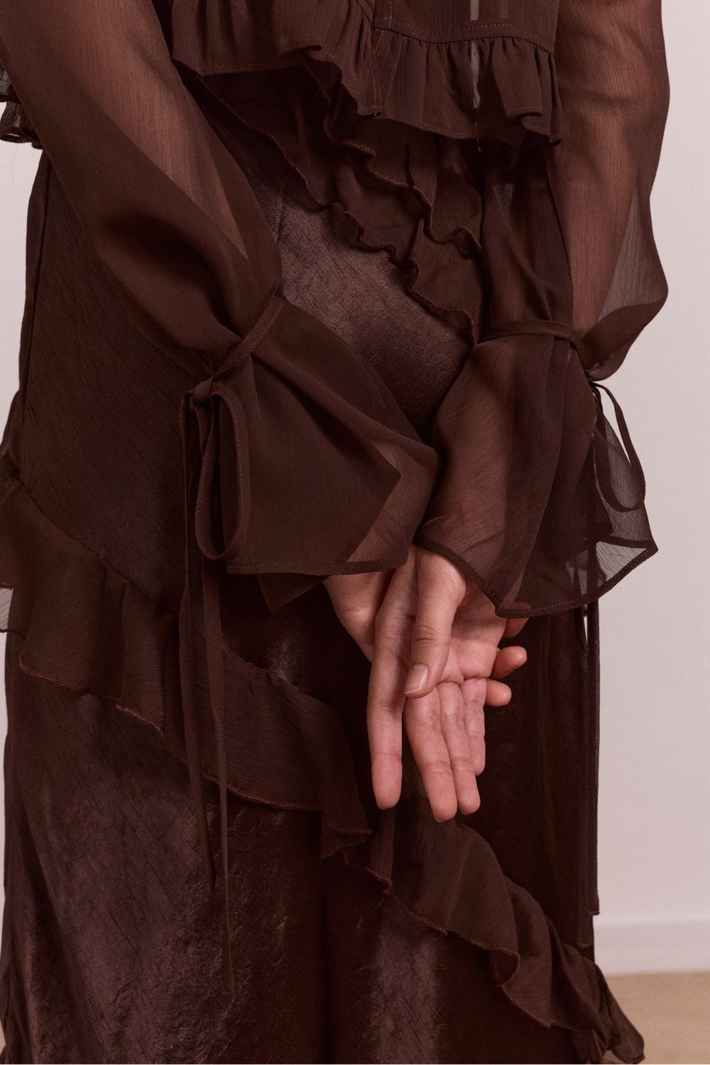 pre-order carmen midi ruffle dress with sheer top - choc