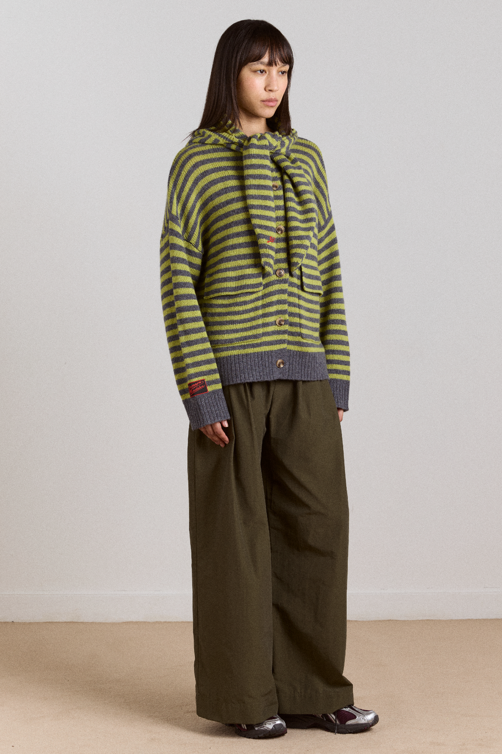 anouk cardigan with removable hood - olive/grey