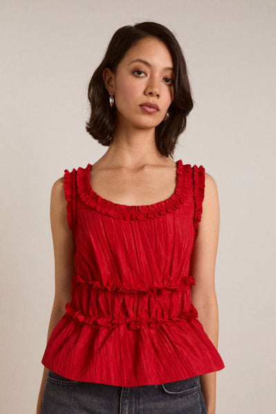 everly ruffle blouse red tafetta