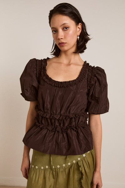 everly ruffle blouse - choc taffeta