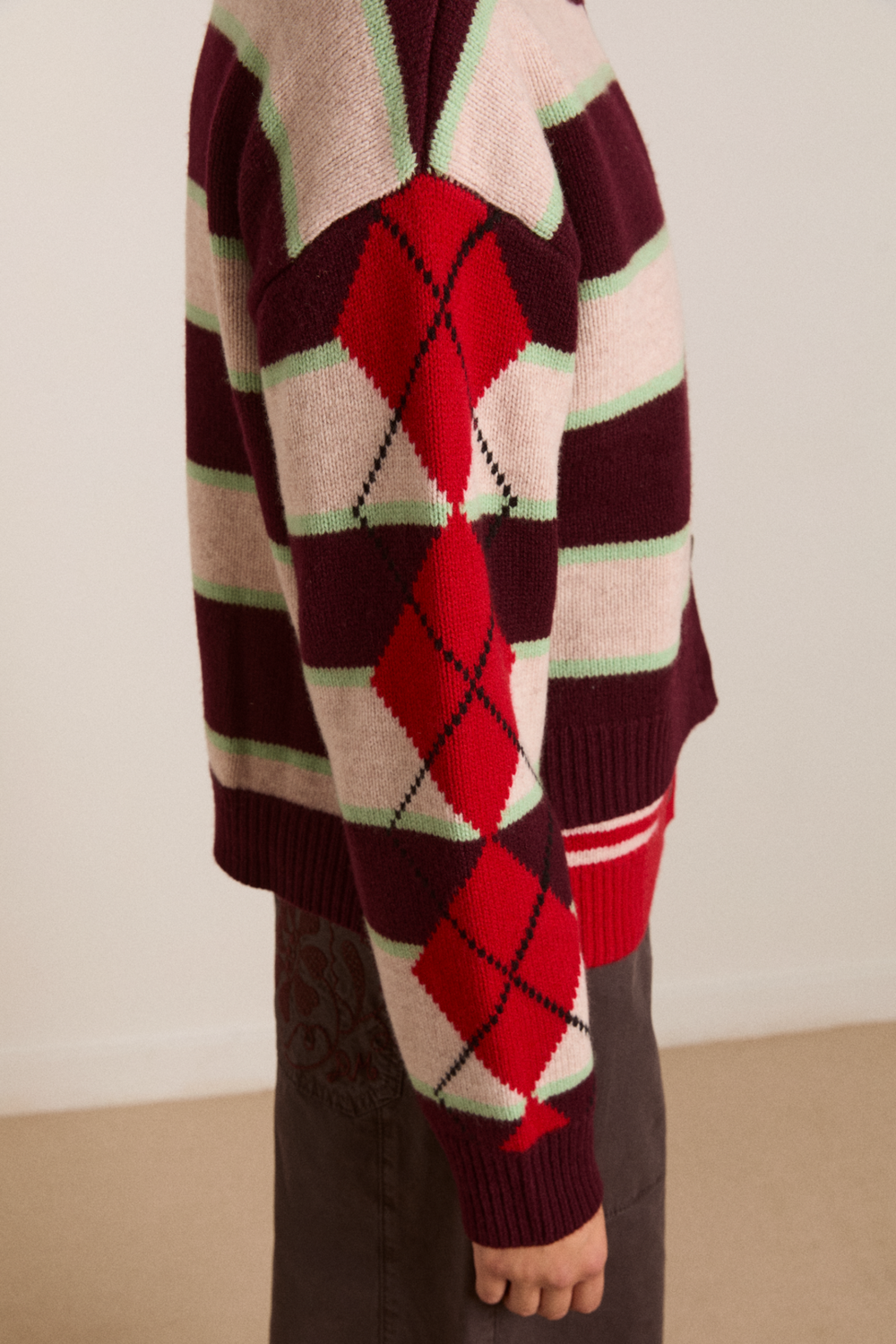 didi merino wool double cardigan - burg argyle & stripe