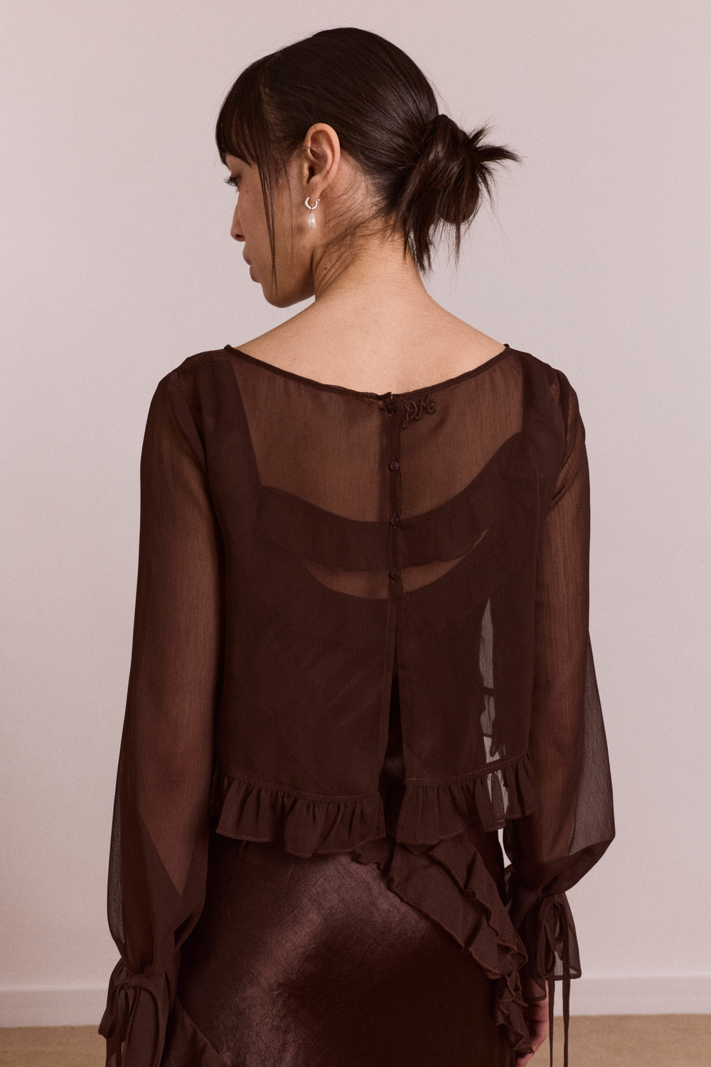 pre-order carmen midi ruffle dress with sheer top - choc
