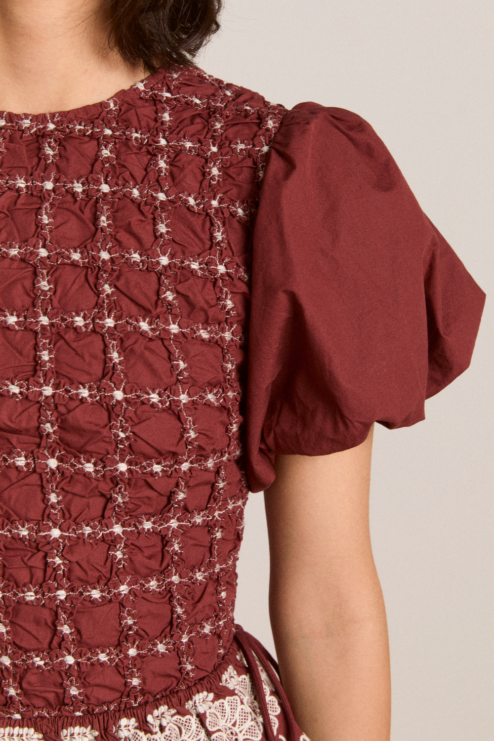 audrey midi dress - burg/butter stitching