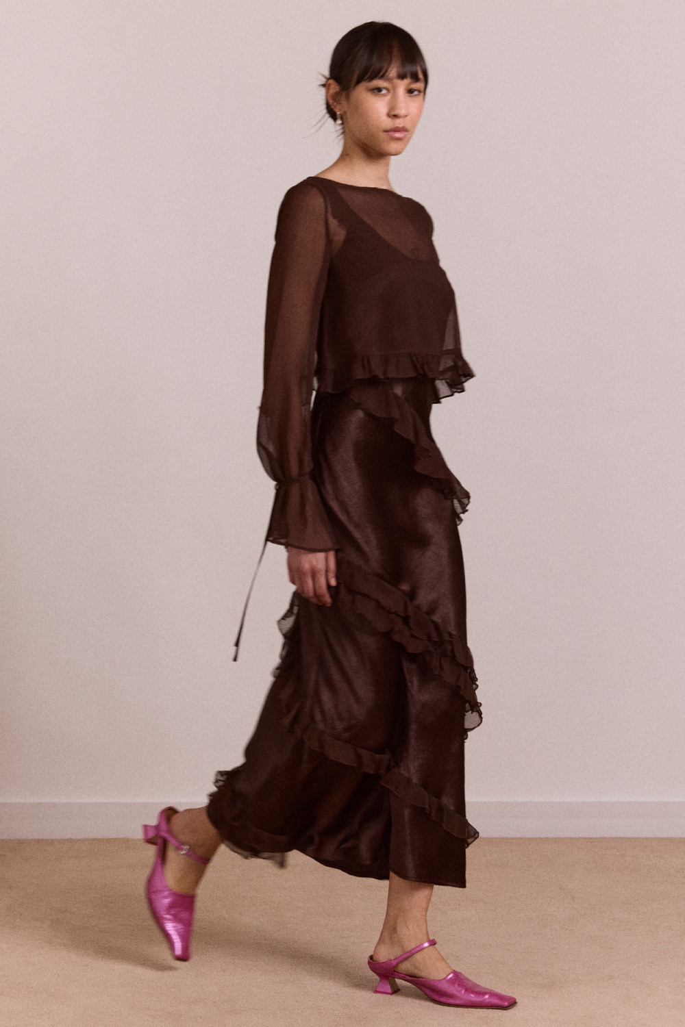 pre-order carmen midi ruffle dress with sheer top - choc