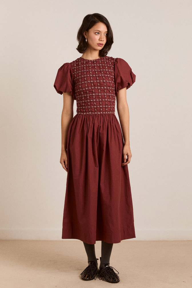 audrey midi dress - burg/butter stitching