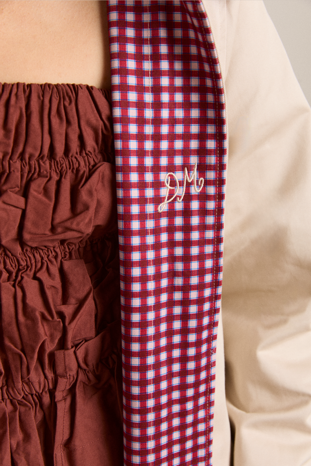 mercedes bow reversible trench - gingham & ecru