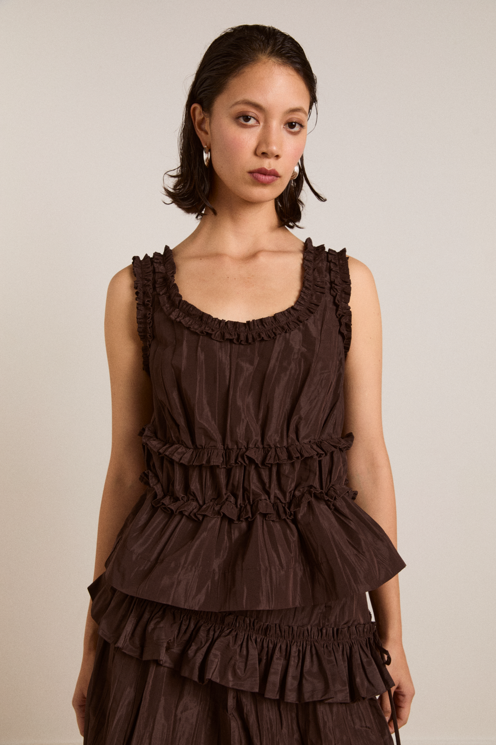 everly ruffle blouse - choc taffeta