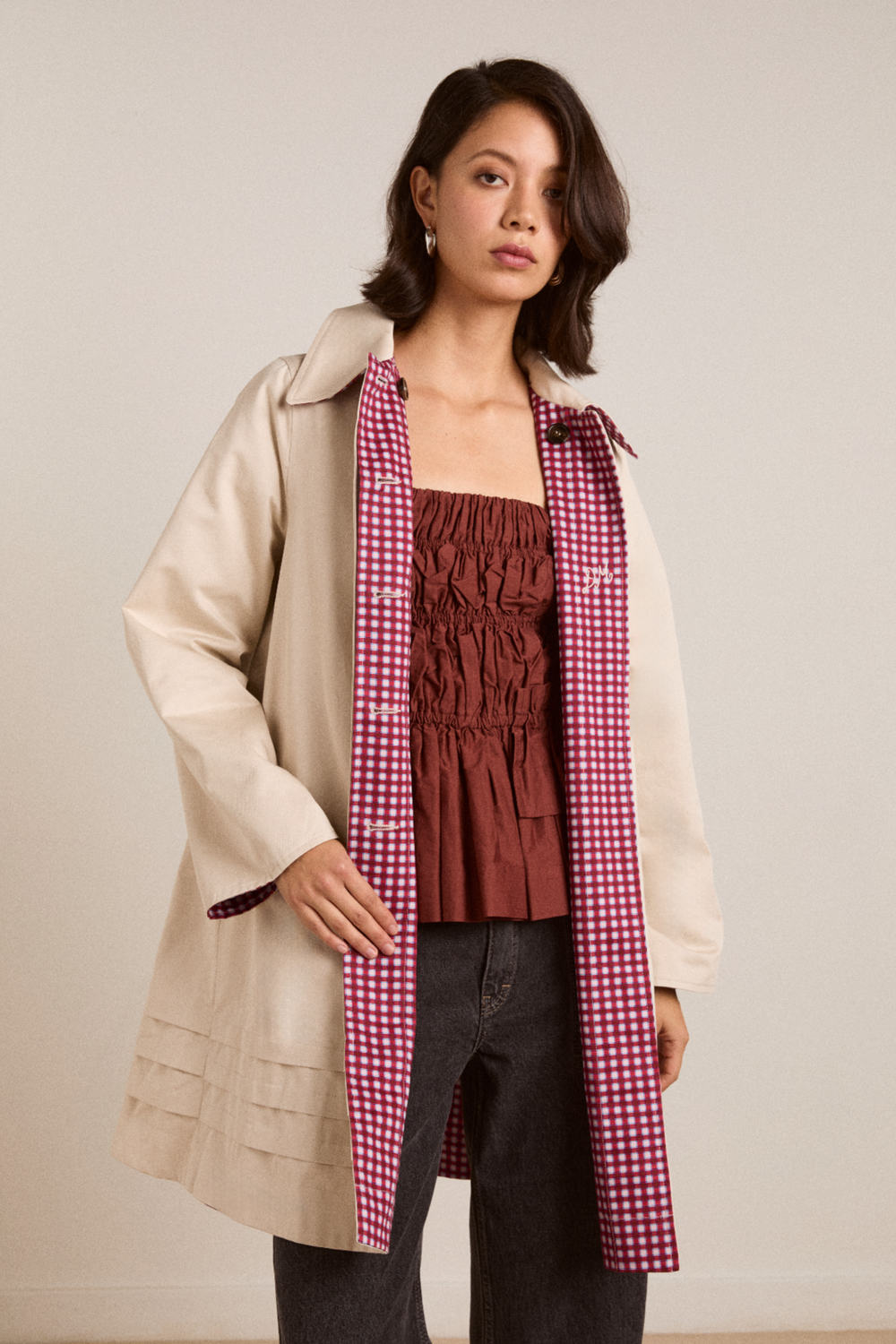 mercedes bow reversible trench - gingham & ecru