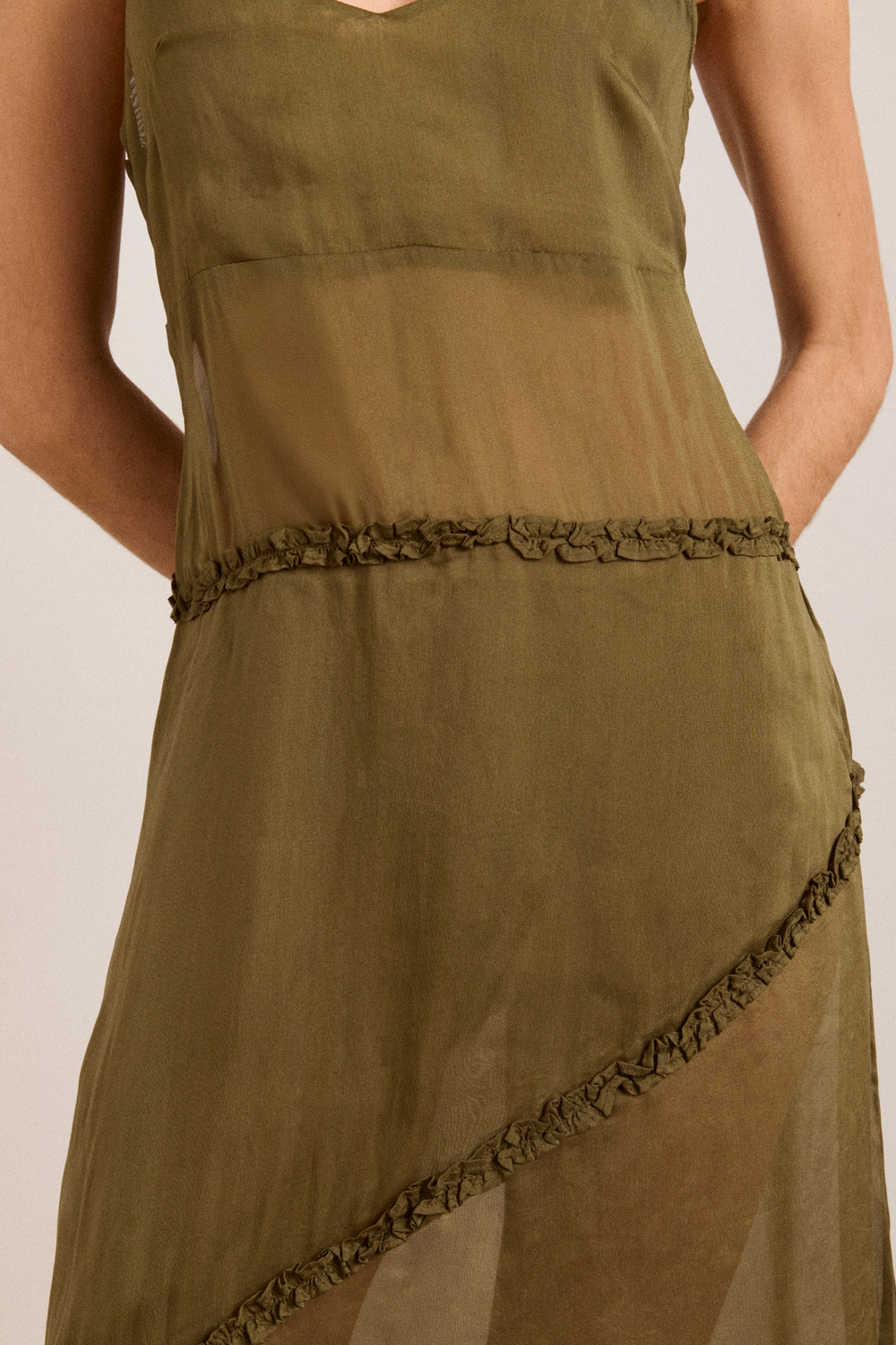 sasha ruffle slip dress with cami - sheer olive