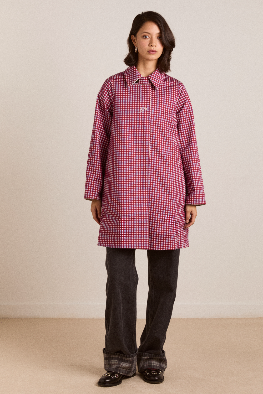 mercedes bow reversible trench - gingham & ecru